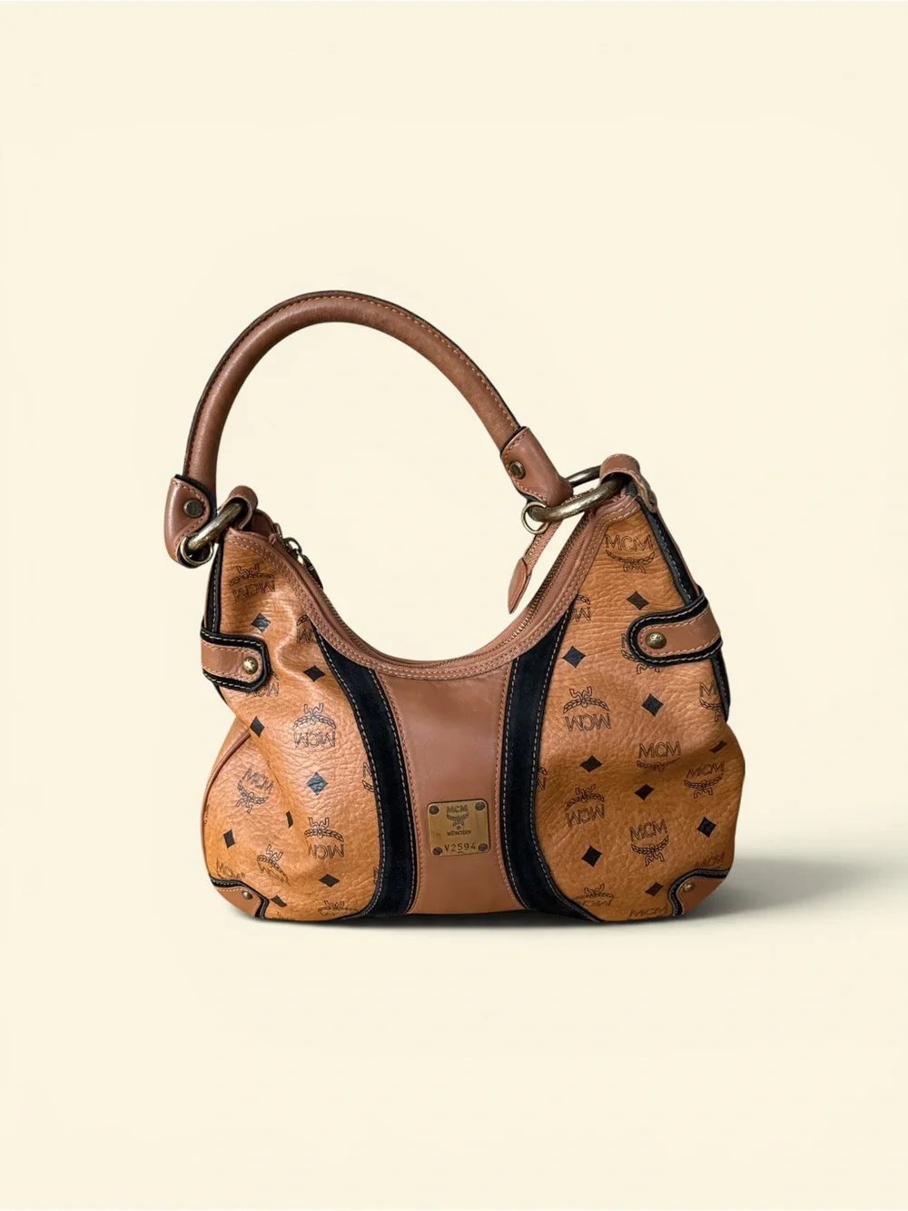 MCM Cognac and Black Visetos Logo Hobo Bag